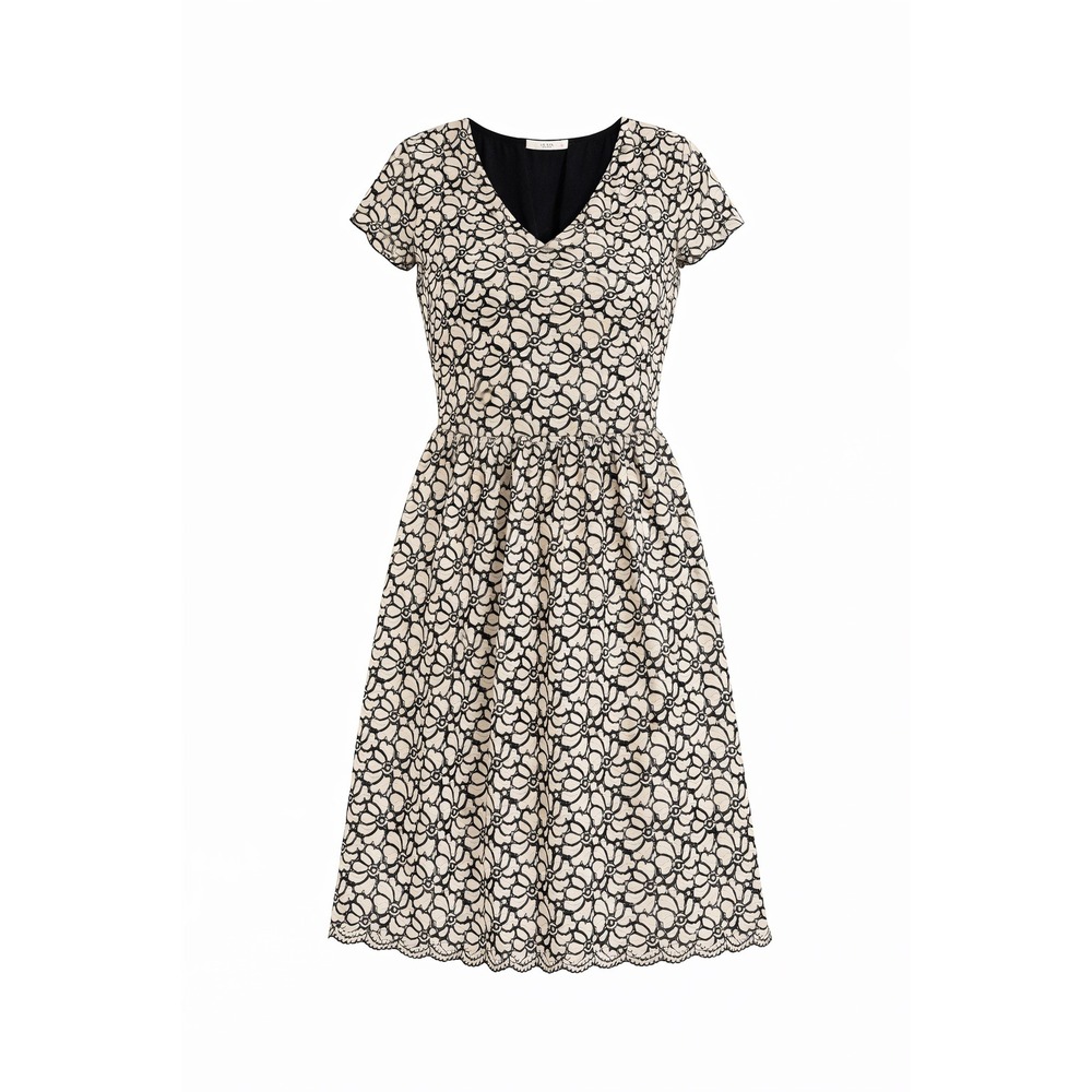 LE LIS‎ Womens Lace Overlay Fit Flare Dress Black Beige Short Sleeve V Neck M